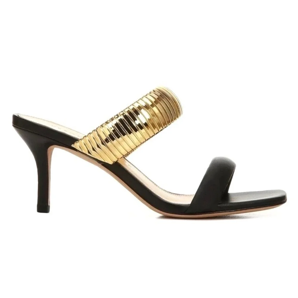 VERONICA BEARD Meena Heeled Sandals Size 9 Black Leather Gold Luxury Designer‎